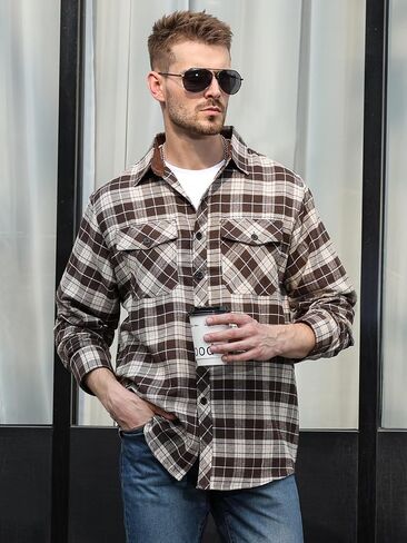 Flannel Shirt for Men Plaid Button Down Long Sleeve Shirt Soft Casual Tops with Two Chest Pockets in Saudi Arabia