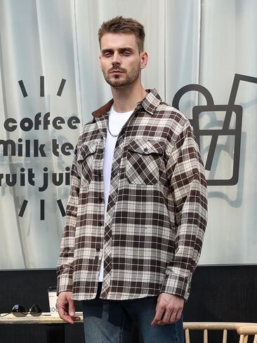 Flannel Shirt for Men Plaid Button Down Long Sleeve Shirt Soft Casual Tops with Two Chest Pockets in Saudi Arabia