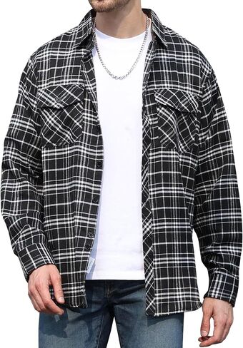 Flannel Shirt for Men Plaid Button Down Long Sleeve Shirt Soft Casual Tops with Two Chest Pockets in Saudi Arabia