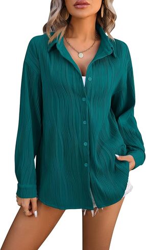 CASURESS Women's Shirts Business Casual Textured Dressy Long Sleeve Solid Shirt Trendy Work Blouses Fall Tops in Kuwait