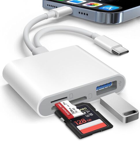 قارئ بطاقة SD لـ iPhone ipad Trail Camera Viewer مدمج في قارئ بطاقة موصل مزدوجة و USB-C مع فتحات SD MicroSD USB-A 3 ، لا يوجد تطبيق مطلوب مطلوب للتوصيل والتشغيل-أبيض in Kuwait