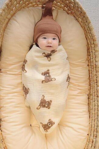 Little Jump 2-Pack Cotton Muslin Swaddle Blankets for Baby Boys Girls Unisex - Boho Teddy Bear Baby Blanket Nursery Swaddling Blankets- Large 47 x 47 inches Receiving Blanket Neutral (Teddy Bear) in Saudi Arabia