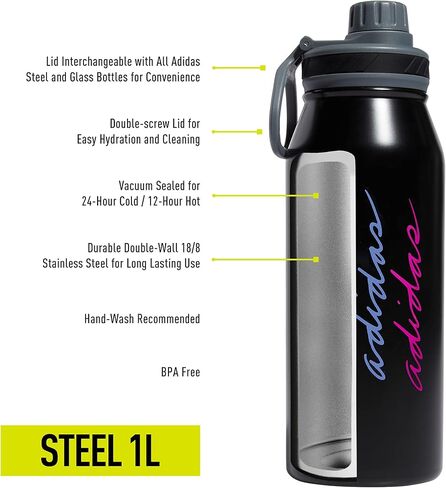 adidas 1 Liter (32 oz) Metal Water Bottle, Hot/Cold Double-Walled Insulated 18/8 Stainless Steel, Black/White/2, 32 Ounces in Saudi Arabia
