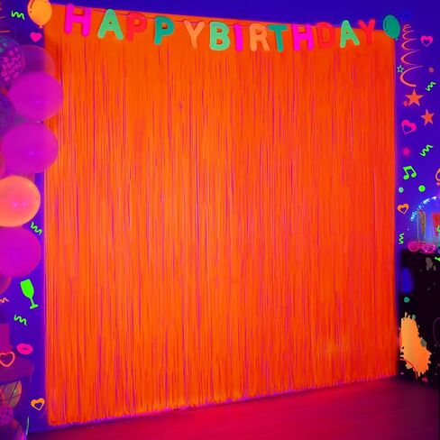 Mega-L Glow in the Dark Party Supplies ، 2 Pack Neon Party Decorations 3.3 × 6.6 قدم معكرون معكرون برتقالي من الستائر Foil Foil ، Photo Booth Backdrop Streamer ، Decord Party Party Decor in Kuwait