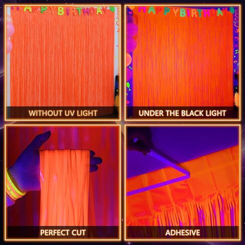 Mega-L Glow in the Dark Party Supplies ، 2 Pack Neon Party Decorations 3.3 × 6.6 قدم معكرون معكرون برتقالي من الستائر Foil Foil ، Photo Booth Backdrop Streamer ، Decord Party Party Decor in Kuwait