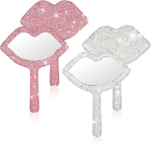 Tatuo 2 Pcs Hand Mirror with Handle Rhinestone Lip Shaped Glitter Decorative Travel Makeup Cosmetic Lash Portable Handheld Mirror for Women in Saudi Arabia