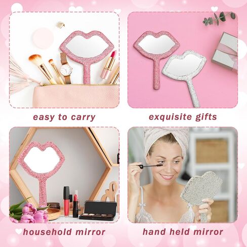 Tatuo 2 Pcs Hand Mirror with Handle Rhinestone Lip Shaped Glitter Decorative Travel Makeup Cosmetic Lash Portable Handheld Mirror for Women in Saudi Arabia