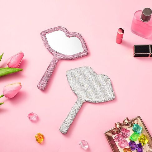 Tatuo 2 Pcs Hand Mirror with Handle Rhinestone Lip Shaped Glitter Decorative Travel Makeup Cosmetic Lash Portable Handheld Mirror for Women in Saudi Arabia