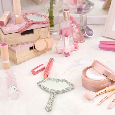 Tatuo 2 Pcs Hand Mirror with Handle Rhinestone Lip Shaped Glitter Decorative Travel Makeup Cosmetic Lash Portable Handheld Mirror for Women in Saudi Arabia