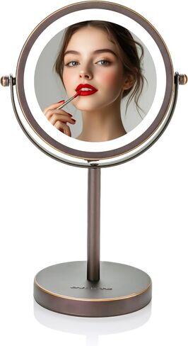 OVENTE 6" Lighted Makeup Mirror with 1X/7X Magnification, Cordless Tabletop Mount Vanity Round Mirror with 360° Swivel Design and Double Sided Cool Tone LED Ring Light, Antique Bronze MLT60ABZ1X7X in Saudi Arabia