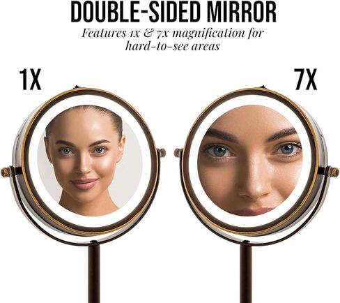 OVENTE 6" Lighted Makeup Mirror with 1X/7X Magnification, Cordless Tabletop Mount Vanity Round Mirror with 360° Swivel Design and Double Sided Cool Tone LED Ring Light, Antique Bronze MLT60ABZ1X7X in Saudi Arabia