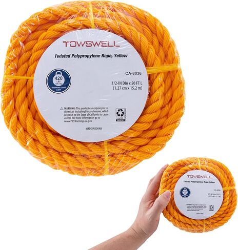 حبل polypropylene الأصفر الملتوي 50 قدمًا ، حبل بحري ملتوية 1/2 بوصة ، حبل بولي برو ، عائم لمشاريع DIY ، البحرية ، القطر in Kuwait