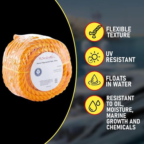 حبل polypropylene الأصفر الملتوي 50 قدمًا ، حبل بحري ملتوية 1/2 بوصة ، حبل بولي برو ، عائم لمشاريع DIY ، البحرية ، القطر in Kuwait