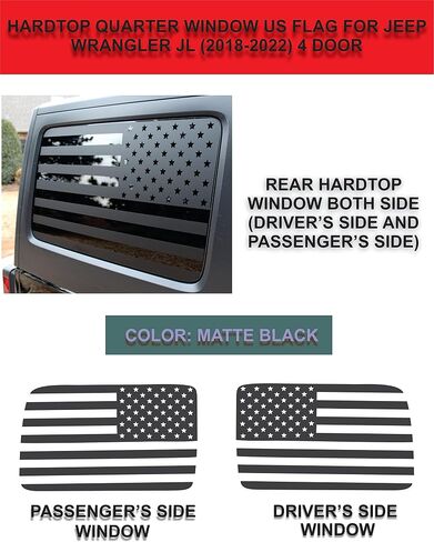 متوافق مع Jeep Wrangler JL (4 باب) 2018-2024 | Precut American Flag Window شارات | كلا الجانب | صنع بفخر في الولايات المتحدة | أسود غير لامع (محزن) in Kuwait