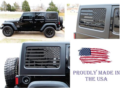 Compatible with Jeep Wrangler JL (4 Door) 2018-2024 | Precut American Flag Window Decals | Both Side | Proudly Made in The US | Matte Black (Distressed) in Kuwait