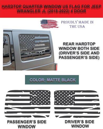 Compatible with Jeep Wrangler JL (4 Door) 2018-2024 | Precut American Flag Window Decals | Both Side | Proudly Made in The US | Matte Black (Distressed) in Kuwait