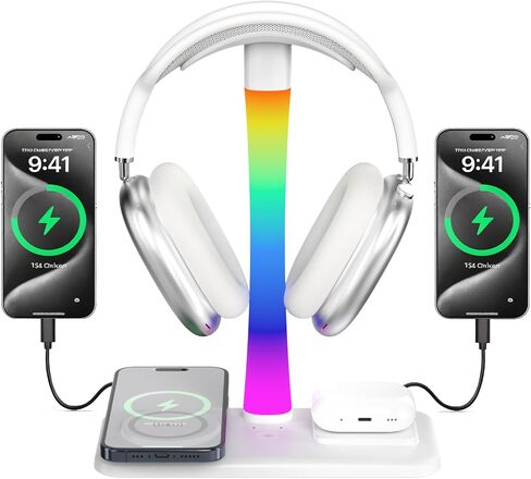 Headphone Stand with Wireless Charger,Gaming Headset stand with RGB Light,For Airpod Max Stand Compatible with Airpod Pro/3/2,For iPhone 17/16/15/14/13/12/11,Gifts for Gamers & Music Lover (Purple) in Saudi Arabia