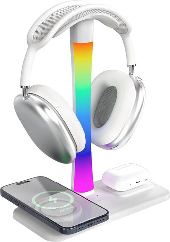 Headphone Stand with Wireless Charger,Gaming Headset stand with RGB Light,For Airpod Max Stand Compatible with Airpod Pro/3/2,For iPhone 17/16/15/14/13/12/11,Gifts for Gamers & Music Lover (Purple) in Saudi Arabia