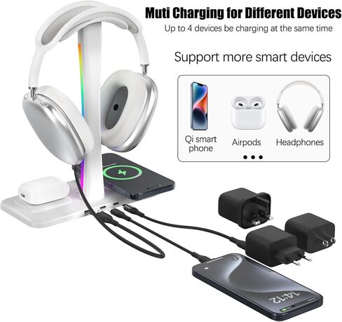 Headphone Stand with Wireless Charger,Gaming Headset stand with RGB Light,For Airpod Max Stand Compatible with Airpod Pro/3/2,For iPhone 17/16/15/14/13/12/11,Gifts for Gamers & Music Lover (Purple) in Saudi Arabia