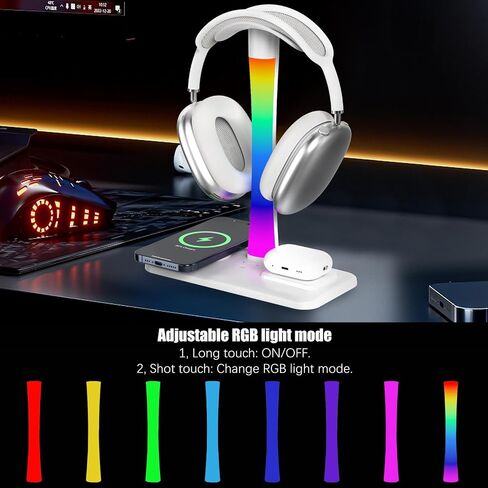 Headphone Stand with Wireless Charger,Gaming Headset stand with RGB Light,For Airpod Max Stand Compatible with Airpod Pro/3/2,For iPhone 17/16/15/14/13/12/11,Gifts for Gamers & Music Lover (Purple) in Saudi Arabia