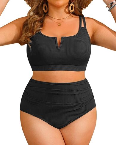 Women Plus Size High Waisted Bikini - Ribbed Two Piece Swimsuit Tummy Control Bathing Suit V-Wired 2025 Swimwear in Saudi Arabia