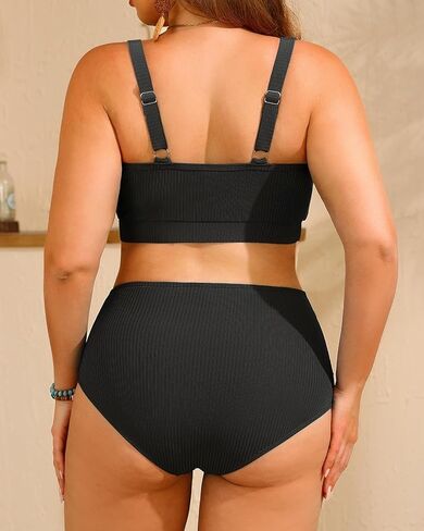Women Plus Size High Waisted Bikini - Ribbed Two Piece Swimsuit Tummy Control Bathing Suit V-Wired 2025 Swimwear in Saudi Arabia