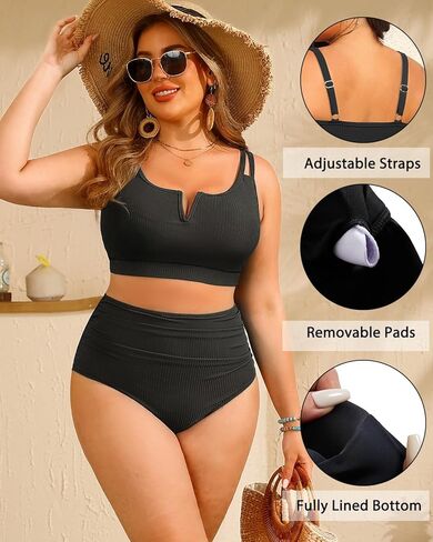 Women Plus Size High Waisted Bikini - Ribbed Two Piece Swimsuit Tummy Control Bathing Suit V-Wired 2025 Swimwear in Saudi Arabia