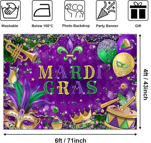 Avezano 8x6 قدم Mardi Gras خلفية Mardi Gras كرنفال ديكورات الحزب الأرجواني الذهب قناع تنكري طرفي الطرف لافتة الخلفية in Saudi Arabia