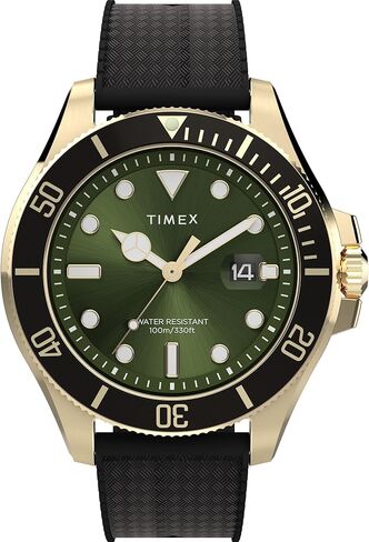 Timex Men's Harborside Coast 43mm Watch - Black Strap Green Dial Gold-Tone Case in Kuwait