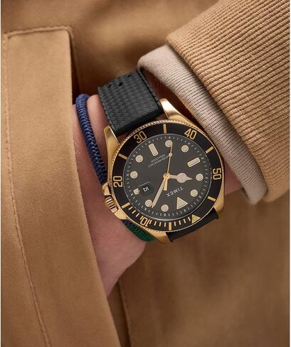 Timex Men's Harborside Coast 43mm Watch - Black Strap Green Dial Gold-Tone Case in Kuwait