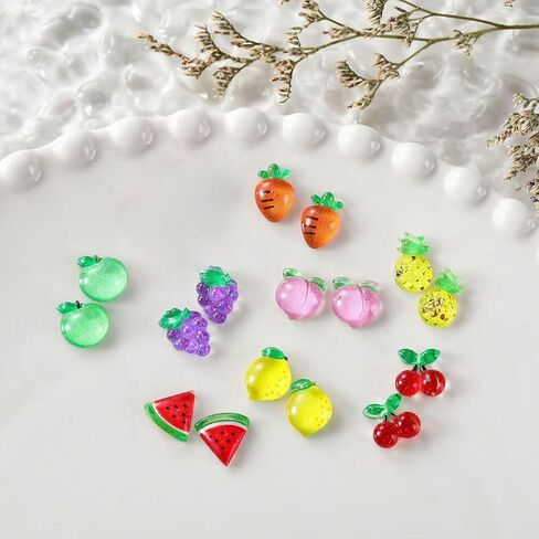 8 Pairs Acrylic Fruit Stud Earrings Simulation Pineapple Peach Grape Apple Cherry Carrot Watermelon Lemon Earrings Handmade Lovely Earrings for Women in Saudi Arabia
