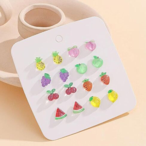 8 Pairs Acrylic Fruit Stud Earrings Simulation Pineapple Peach Grape Apple Cherry Carrot Watermelon Lemon Earrings Handmade Lovely Earrings for Women in Saudi Arabia