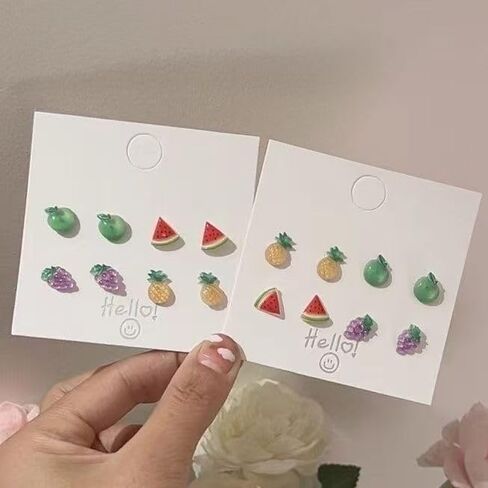 8 Pairs Acrylic Fruit Stud Earrings Simulation Pineapple Peach Grape Apple Cherry Carrot Watermelon Lemon Earrings Handmade Lovely Earrings for Women in Saudi Arabia