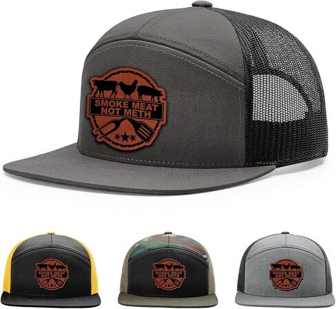 Smoke Meat Not Meth Hat, 168 Style Trucker Leather Patch Hat for Men & Women, 7 Panel Baseball Cap with Snapback Enclosure in Saudi Arabia