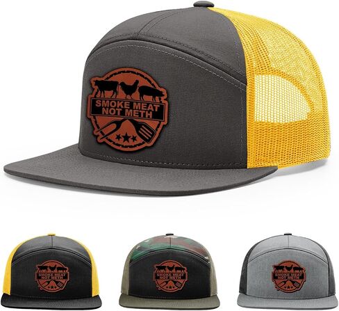 Smoke Meat Not Meth Hat, 168 Style Trucker Leather Patch Hat for Men & Women, 7 Panel Baseball Cap with Snapback Enclosure in Saudi Arabia