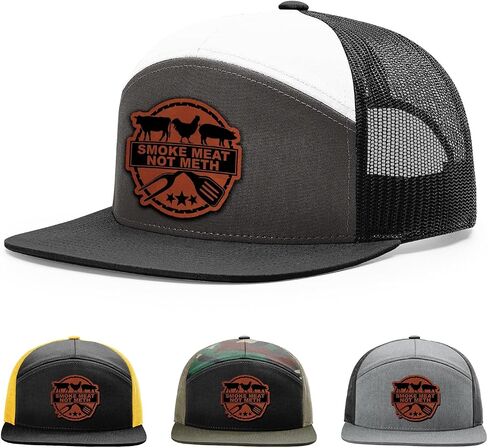 Smoke Meat Not Meth Hat, 168 Style Trucker Leather Patch Hat for Men & Women, 7 Panel Baseball Cap with Snapback Enclosure in Saudi Arabia