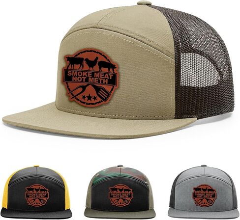 Smoke Meat Not Meth Hat, 168 Style Trucker Leather Patch Hat for Men & Women, 7 Panel Baseball Cap with Snapback Enclosure in Saudi Arabia