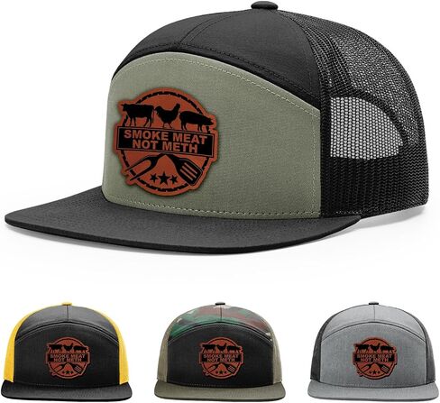 Smoke Meat Not Meth Hat, 168 Style Trucker Leather Patch Hat for Men & Women, 7 Panel Baseball Cap with Snapback Enclosure in Saudi Arabia