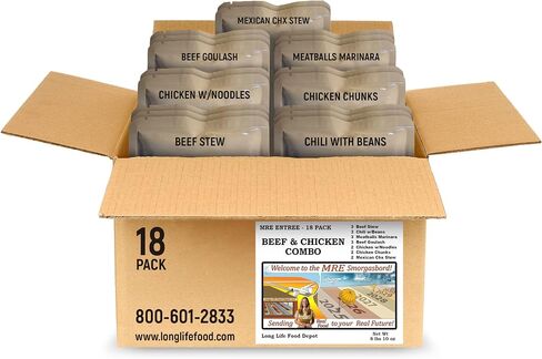 MRE Entrees (18-Pack) – Beef and Chicken Combo - (Beef Strips, Stew, Chili w/Beans, Meatballs with Marinara, Beef Goulash, Chicken Chunks, Chicken Burrito Bowl) Sourced from USA Govt Contractor in Kuwait