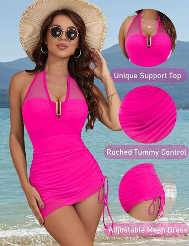 BMJL Womens One Piece Swimsuit Tummy Control Swim Dress Slimming Mesh Sheer Halter Sarong Wraps Bathing Suit in Kuwait