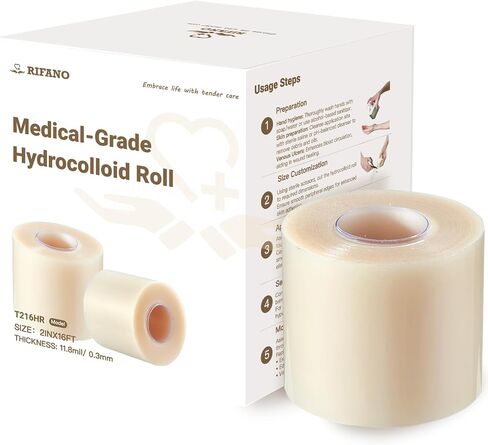 RIFANO Medical Hydrocolloid Tape Roll, Cut-to-Size, 2in*10ft, 19.7mil/ 0.5mm Thickness, Extra Large Hydrocolloid Patch Bandages with Self-Adhesive, Ultra Absorbent, Flexible & Waterproof in Kuwait
