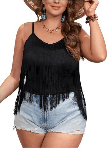 OYOANGLE Women's Plus Size Fringe Trim Asymmetrical Hem Spaghetti Strap Summer Crop Cami Tops in Kuwait