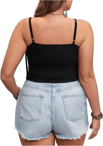 OYOANGLE Women's Plus Size Fringe Trim Asymmetrical Hem Spaghetti Strap Summer Crop Cami Tops in Kuwait