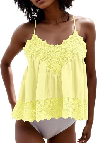 MISSACTIVER Women's Lace Trim Spaghetti Strap Cami Top Scalloped Hem Sleeveless Backless V Neck Racerback Flowy Tank Camisole in Saudi Arabia