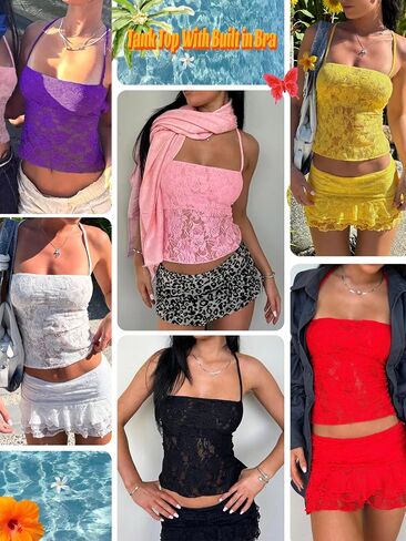 Danysu Lace Halter Tops Backless Tie Back Tank Top with Built in Bra Y2K Summer Going Out Tube Tops in Saudi Arabia