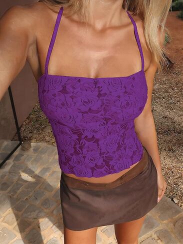 Danysu Lace Halter Tops Backless Tie Back Tank Top with Built in Bra Y2K Summer Going Out Tube Tops in Saudi Arabia