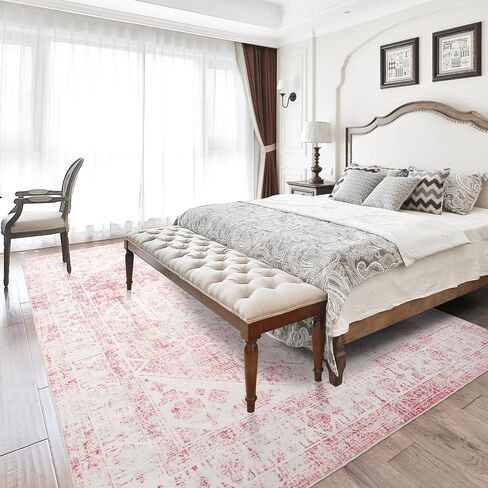3x5 Washable Pink Area Rug, Upgraded Denser Surface Vintage Rugs, Honeycomb Non-Slip Backing Living Room Rug, Easy Care Foldable Rugs for Living Room Bedroom Kitchen Dinning Room Home Office in Saudi Arabia