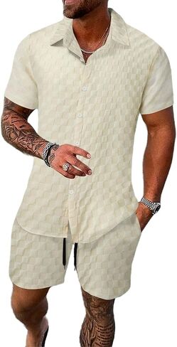 crazynekos Mens Plaid Tracksuit Sets 2 Piece Outfits Sweatsuit Short Sleeve Button Down Shirt and Shorts Summer Set for Men in Kuwait