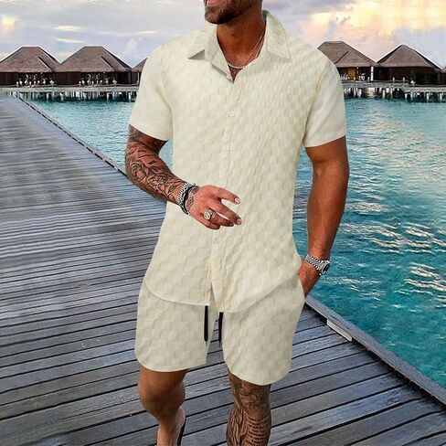 crazynekos Mens Plaid Tracksuit Sets 2 Piece Outfits Sweatsuit Short Sleeve Button Down Shirt and Shorts Summer Set for Men in Kuwait