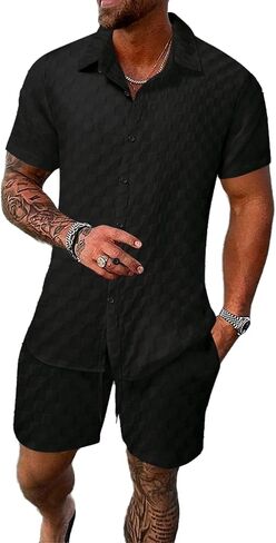 crazynekos Mens Plaid Tracksuit Sets 2 Piece Outfits Sweatsuit Short Sleeve Button Down Shirt and Shorts Summer Set for Men in Kuwait